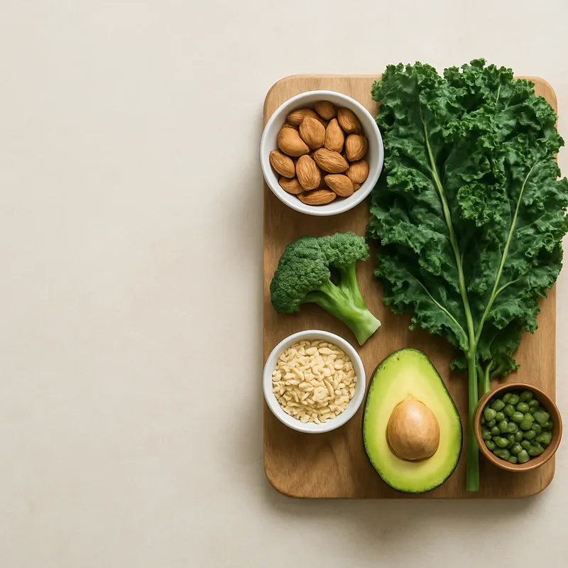Fresh leafy greens, nuts, and whole foods on a wooden board
