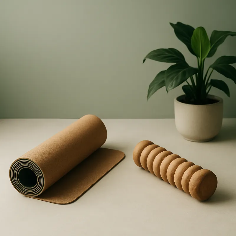 A rolled cork yoga mat and wooden foam roller beside a plant